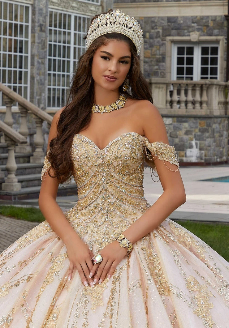 Patterned Glitter Quinceañera Dress with Chandelier Beading #34083