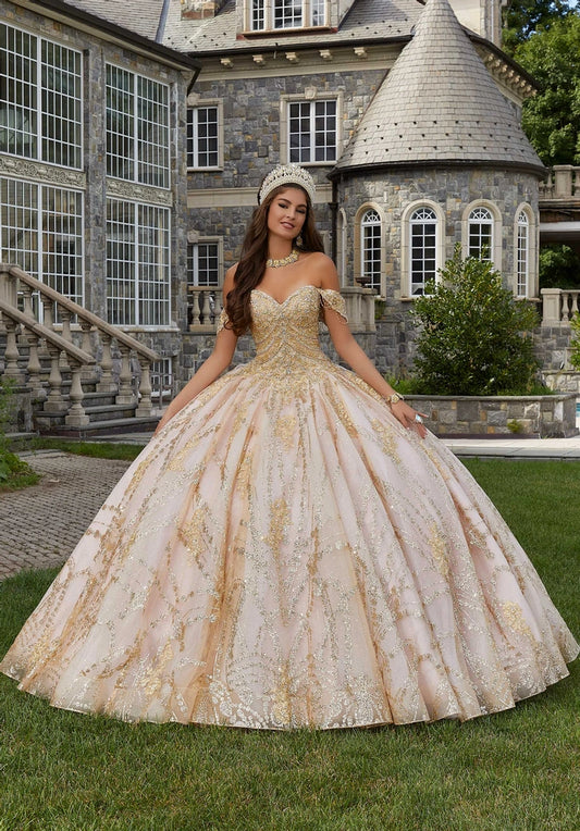 Patterned Glitter Quinceañera Dress with Chandelier Beading #34083
