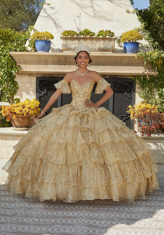 Jeweled and Embroidered Tiered Quinceañera Dress #34094