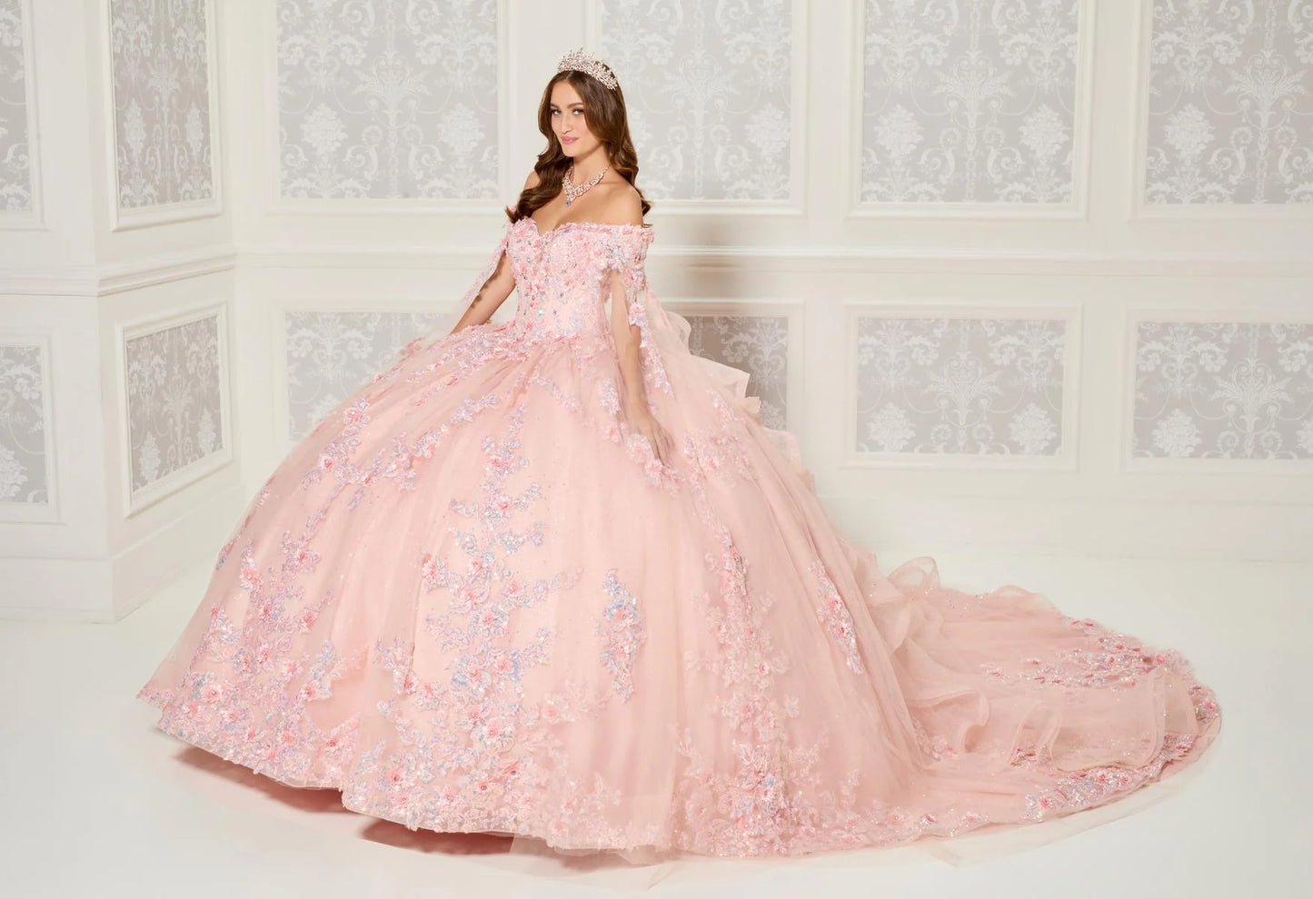 Quinceañera Dress in Beaded Lace and Shimmering Tulle with Floral Print PR30116