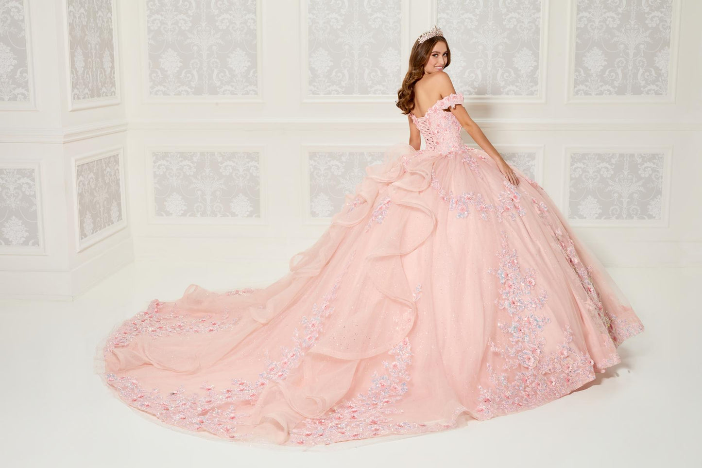 Quinceañera Dress in Beaded Lace and Shimmering Tulle with Floral Print PR30116