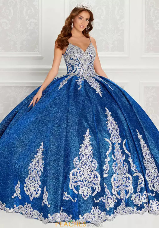 Shimmering v-neck quinceanera dress with traditional embroidery and sheer lace train  PR22141