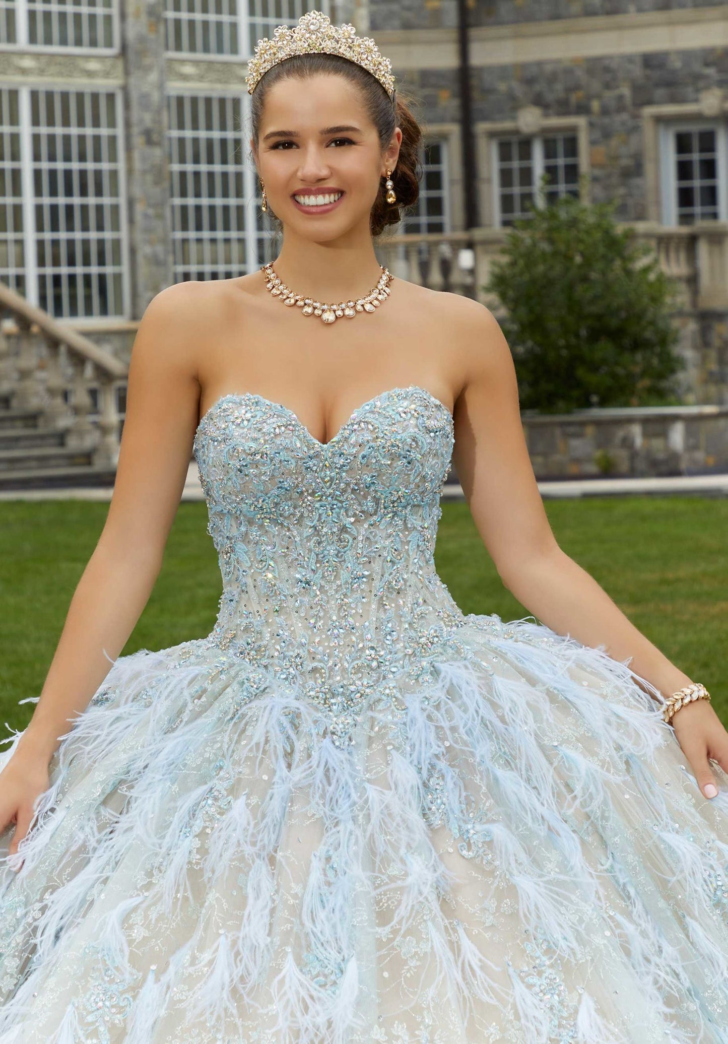 Floral Glitter and Feather Quinceañera Dress #34082