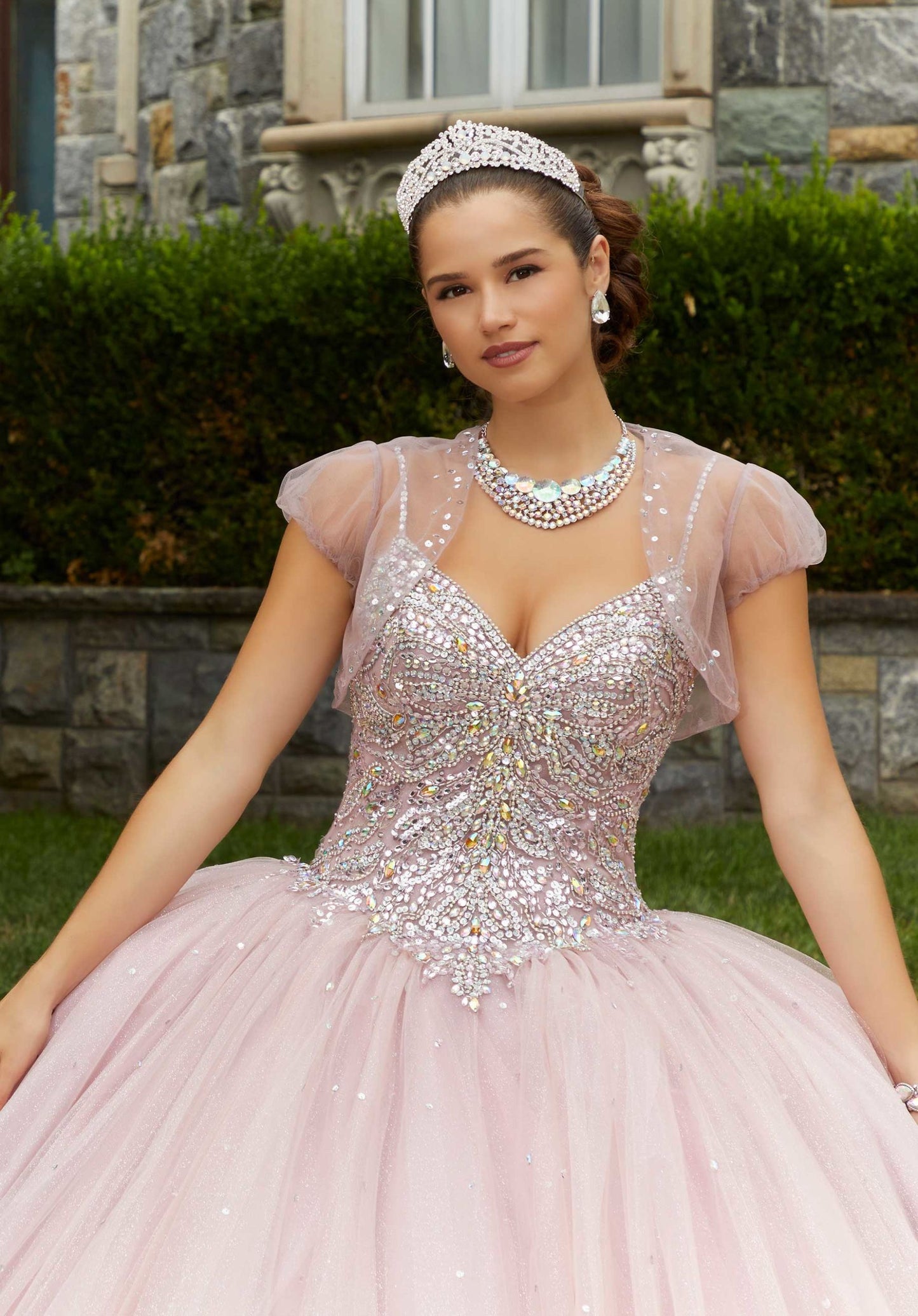 Rhinestone and Crystal Beaded Quinceañera Dress with Bow#60175