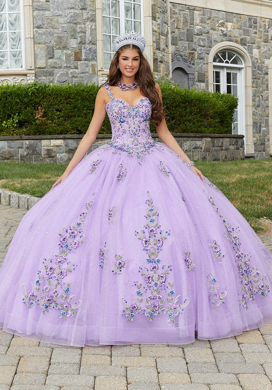 Crystal Beaded Contrasting Floral Embroidered Quinceañera Dress#60176