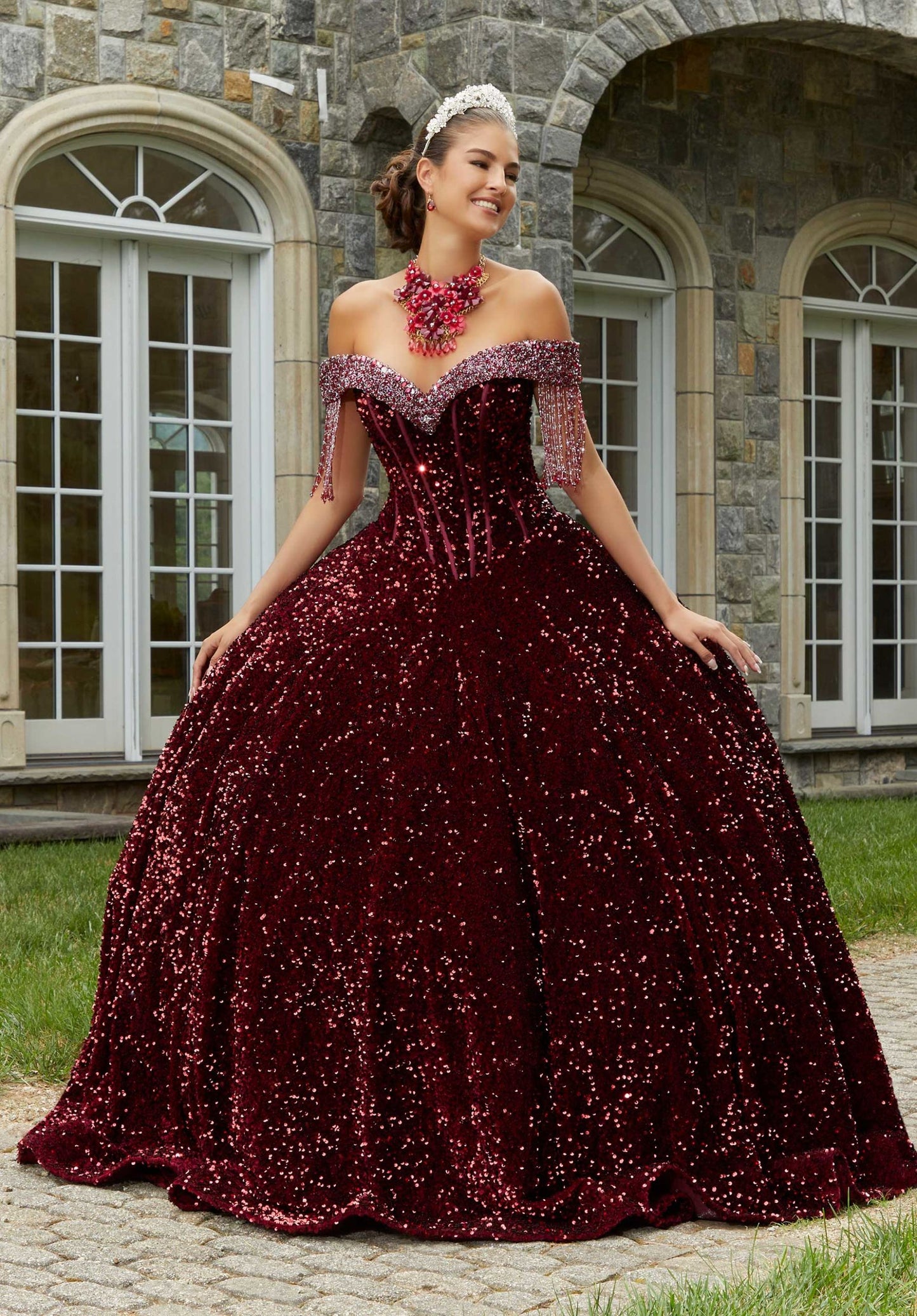 Allover Sequin Velvet Quinceañera Dress with Beaded Fringe #60177