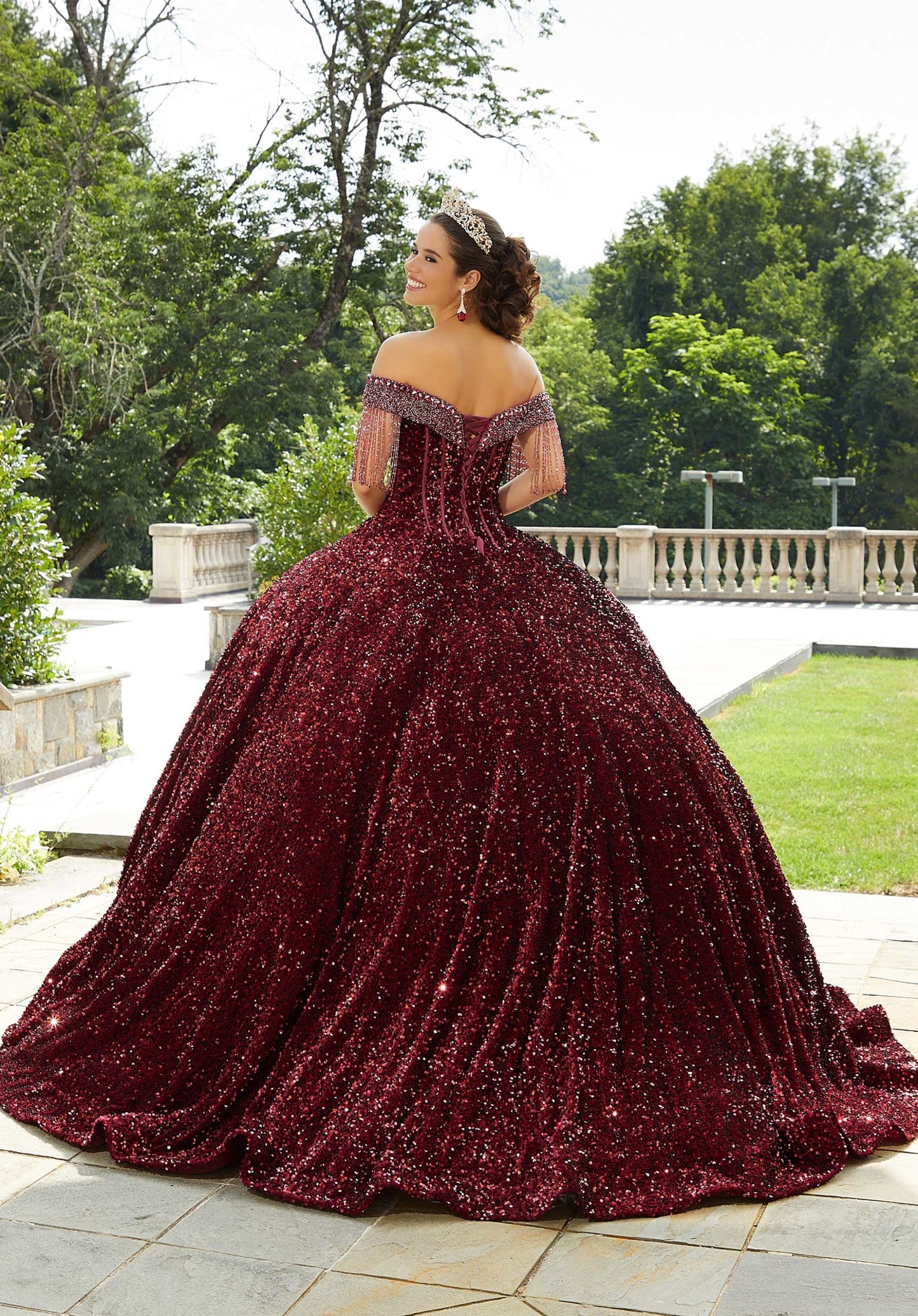 Allover Sequin Velvet Quinceañera Dress with Beaded Fringe #60177