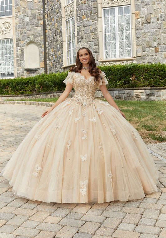 Rhinestone Embroidered Quinceañera Dress with Three-Dimensional Butterflies