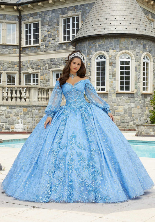 Patterned Glitter Tulle Quinceañera Dress with Bishop Sleeves #89411