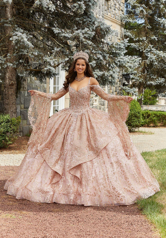Rhinestone and Crystal Beaded Patterned Glitter Quinceañera Dress#89416
