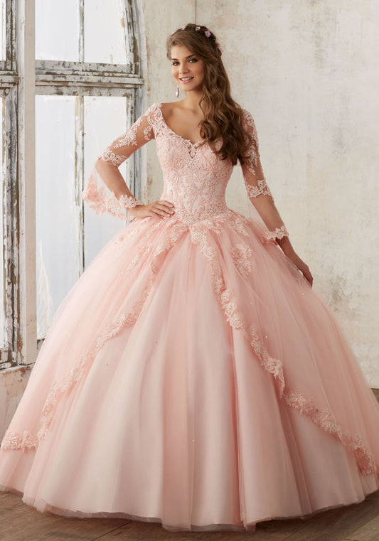 Beaded Lace on a Princess Tulle Quinceañera Ball Gown #60015