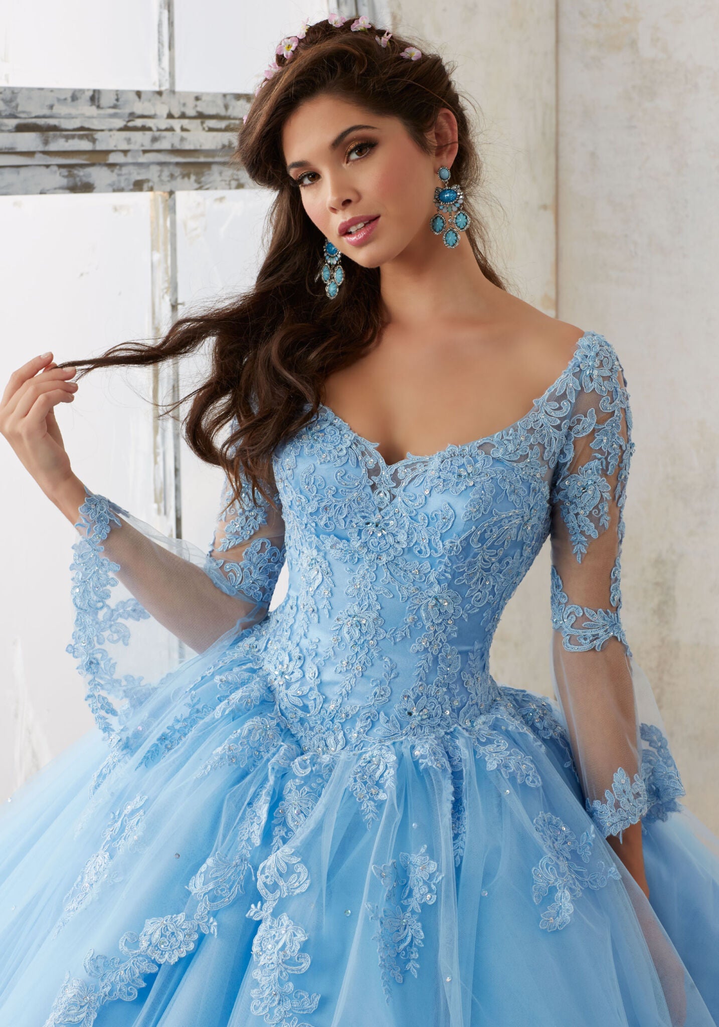 Beaded Lace on a Princess Tulle Quinceañera Ball Gown #60015