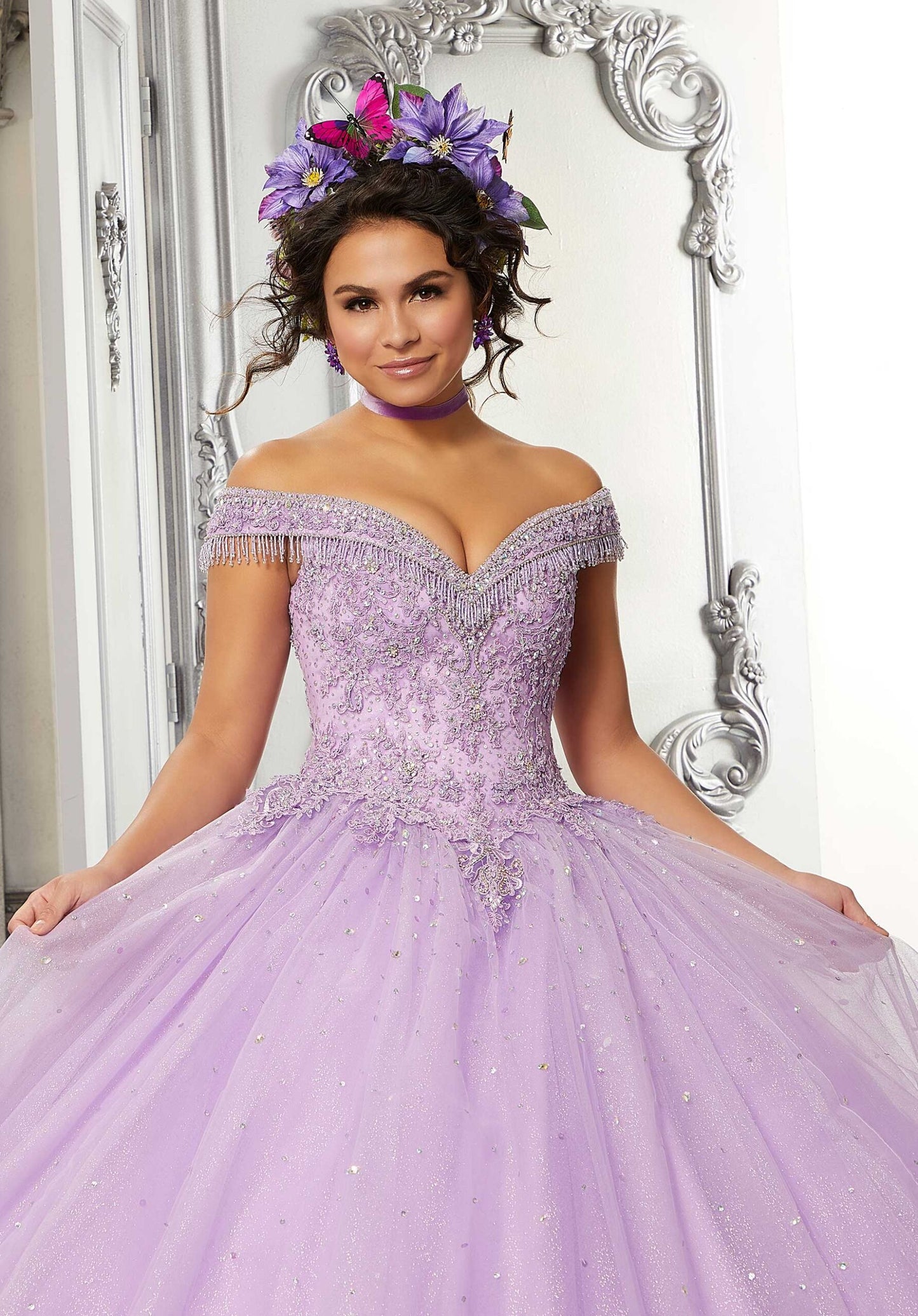 Beaded Fringe Glitter Tulle Quinceañera Dress #60144