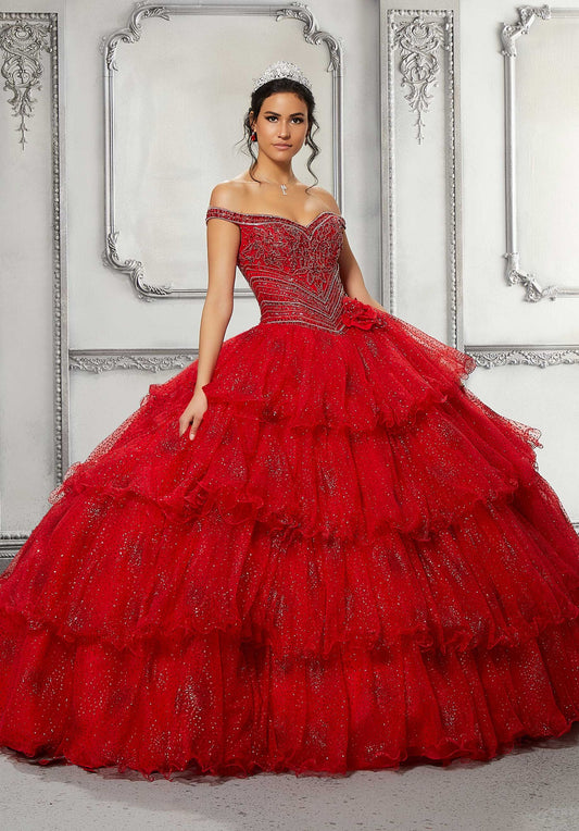 Tiered Patterned Glitter Tulle Quinceañera Dress #89320