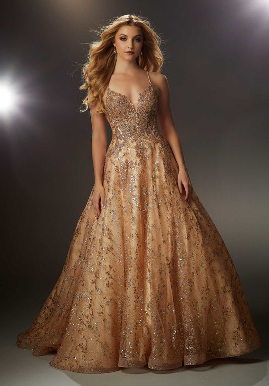 Beaded Lace and Glitter Ball Gown Prom Dress
