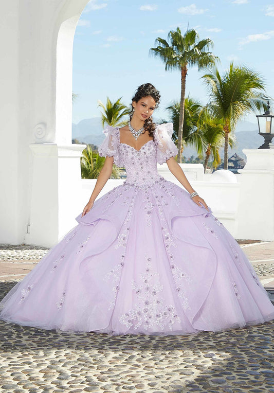 Flounced Three-Dimensional Floral Quinceañera Dress with Pouf Sleeves #34074
