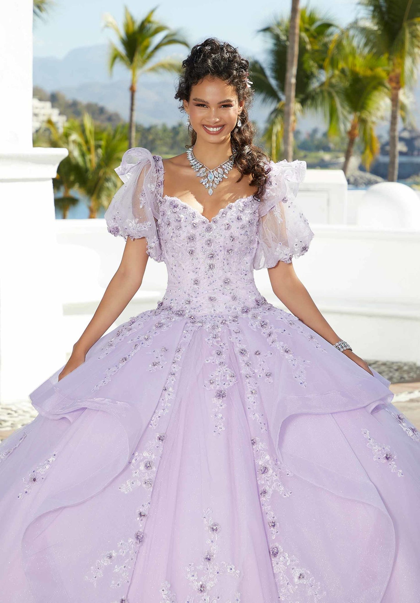 Flounced Three-Dimensional Floral Quinceañera Dress with Pouf Sleeves #34074