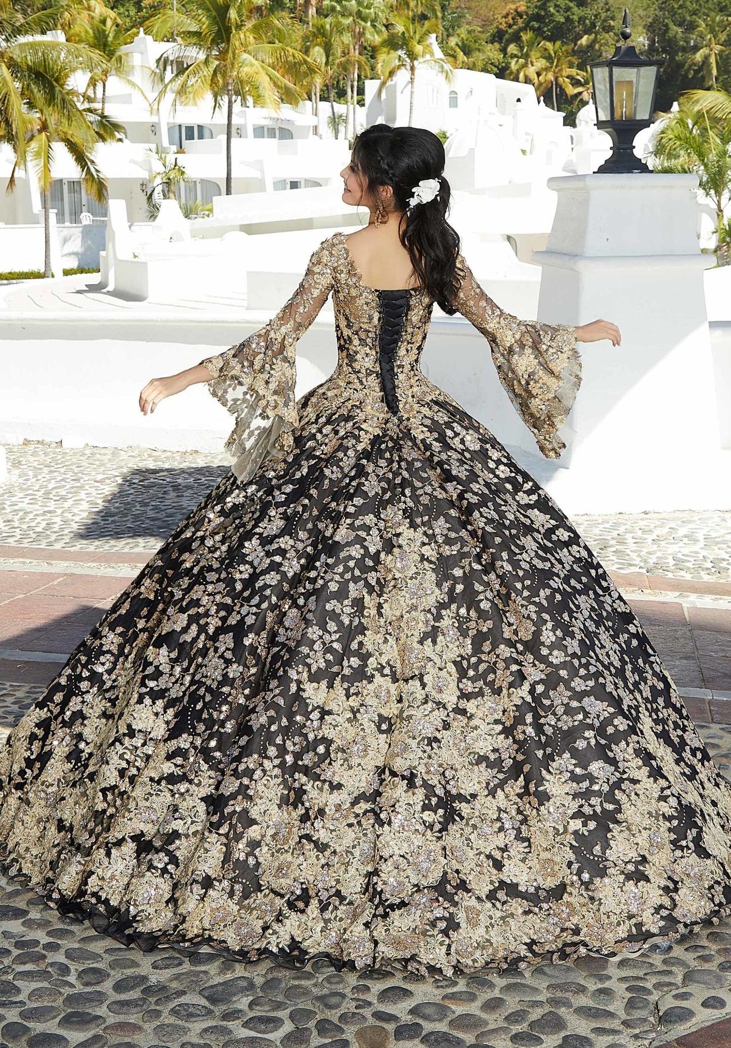 Floral Patterned Sequin Glitter Tulle Quinceañera Dress #34075
