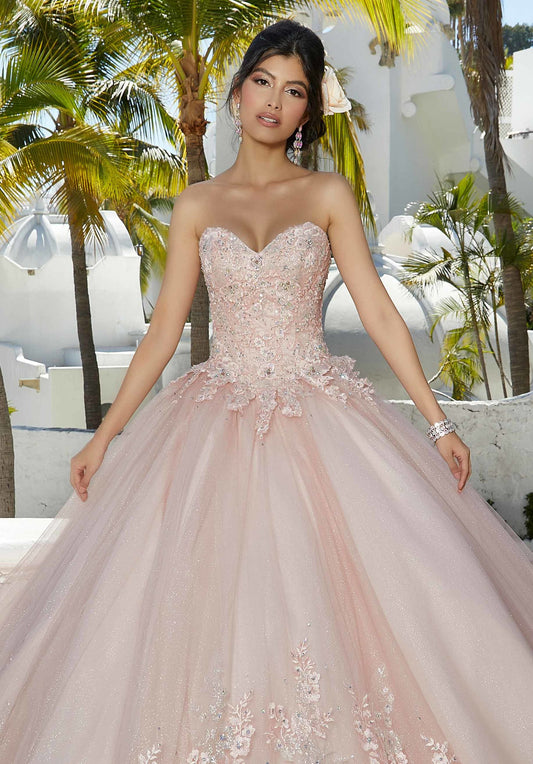 Sparkle Lace Quinceañera Dress with Tie Bow Sleeves #89354