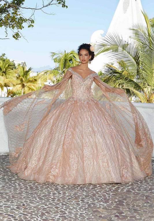 Patterned Glitter Quinceañera Dress with Cape #89357