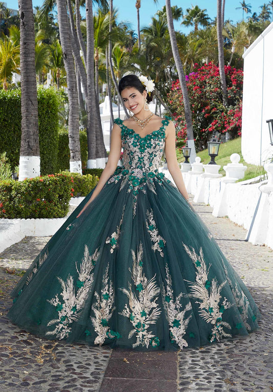 Glitter Tulle Quinceañera Dress with Three-Dimensional Floral Appliqués #89362