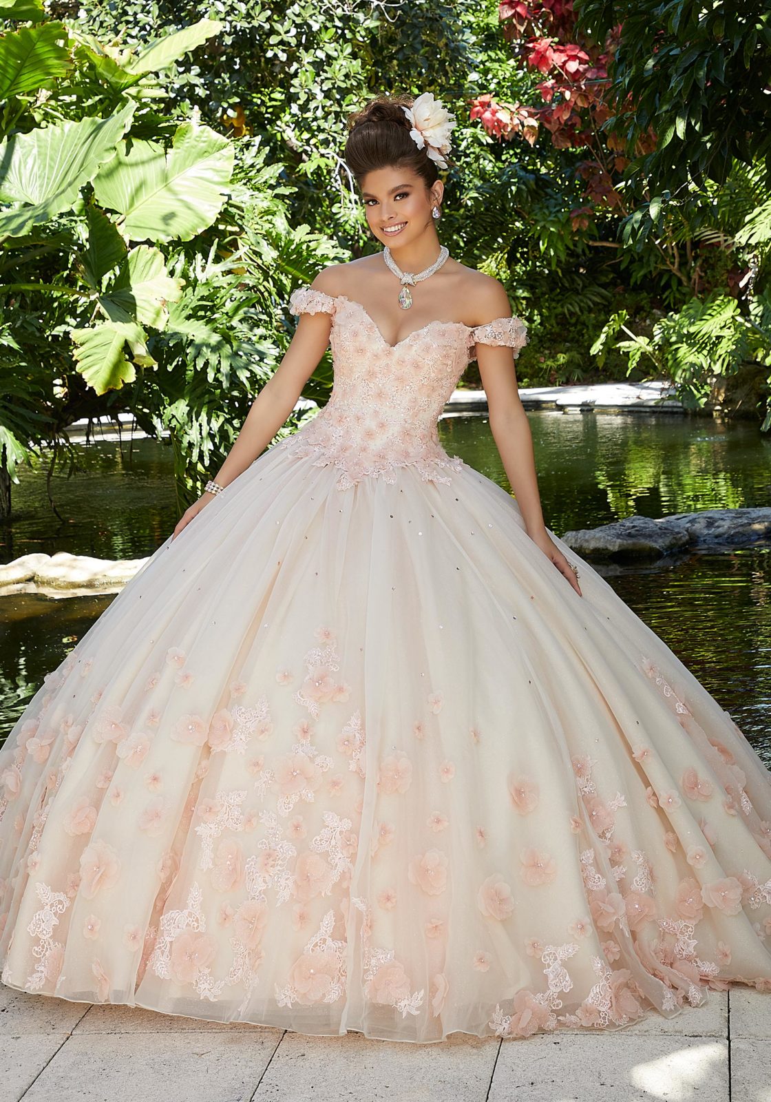 Crystal Beaded, Three-Dimensional Floral Appliqués on Venice Lace on a Layered Organza Over Sparkle Tulle Ballgown #34015